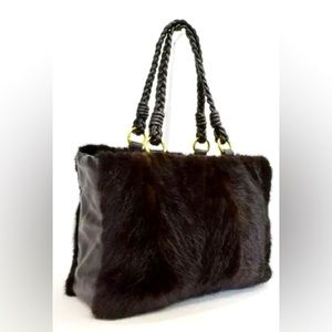 Paolo Masi Chocolate Italian Leather Genuine Mink Tote Purse Handbag
